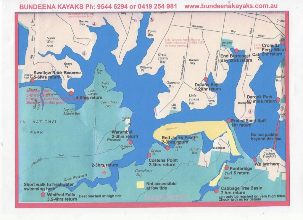 Map of the Port Hacking River in Sydney showing kayaking routes